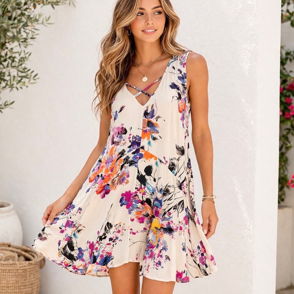 Umgee Floral Swing Dress Size Small Boho Flowy V-Neck Sleeveless - Picture 1 of 8